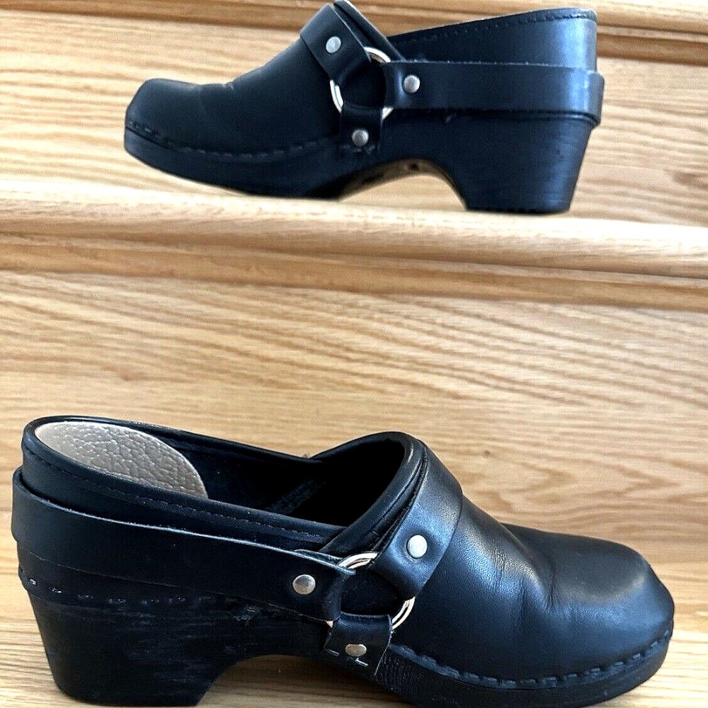 Vintage Cool Anna Biker Style Swedish Clogs Black Leather w/Harness Sz EU40